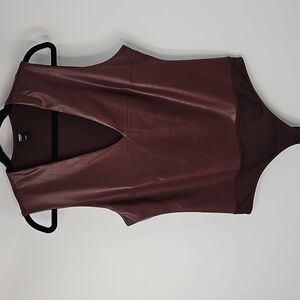 Express Chocolate Brown Vneck Faux Leather Sleeveless Bodysuit Sz:L Sexy Neutral
